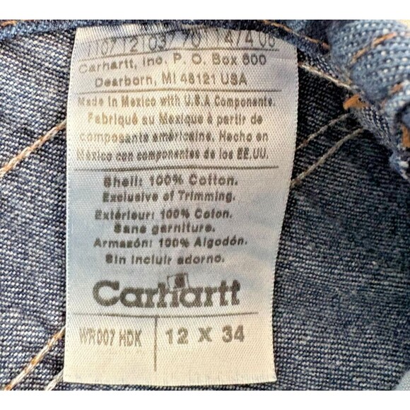 Carhartt 12x34 Denim Blue Jean Work Bib Carpenter Overalls WR007 HDK 6956 - Picture 8 of 9